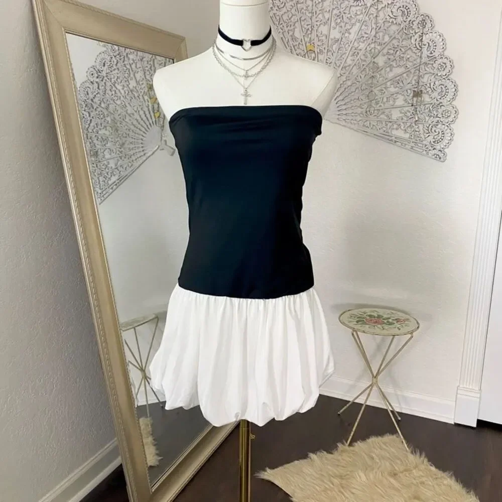 Nwot Black And White Balloon Skirt Bandeau Strapless Mini Dress S